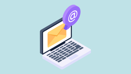 Icon showing laptop with @ sign and letter graphic