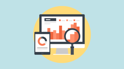 Icon representing data charts on a PC and mobile on a light blue background