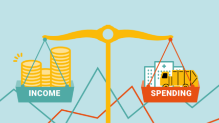 Graphic of weighing scale icon with income and spending in text on either side